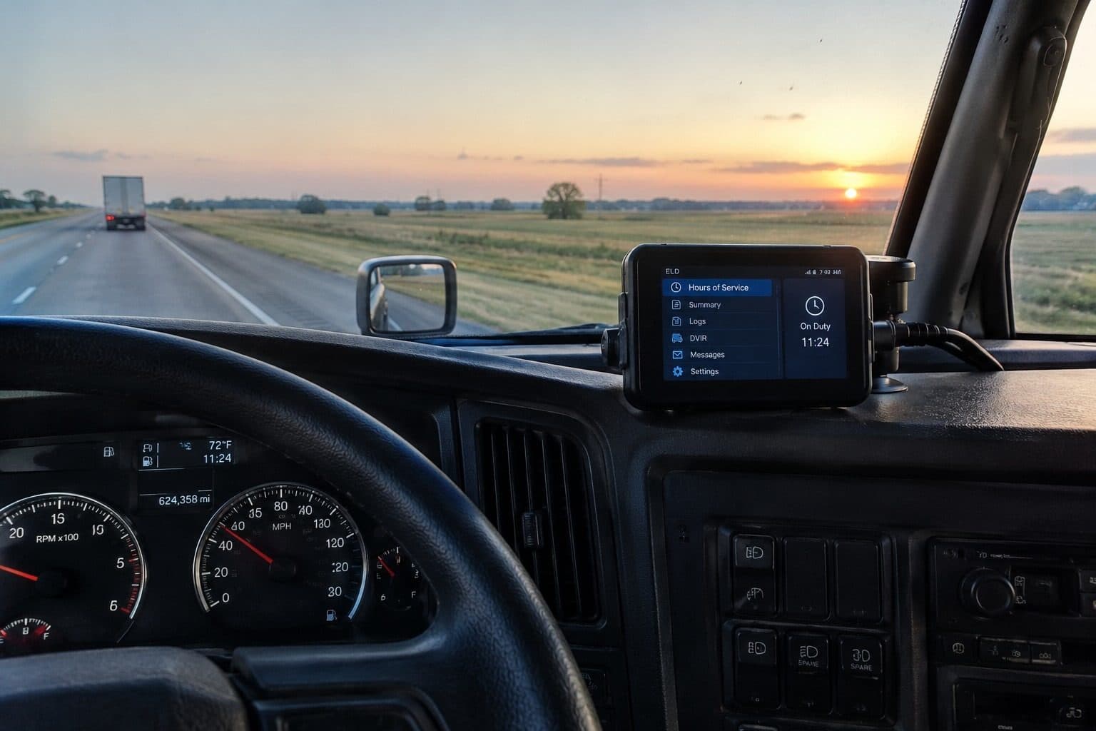 Illustration: ELD tablet on a truck dashboard while driving on a highway at sunset