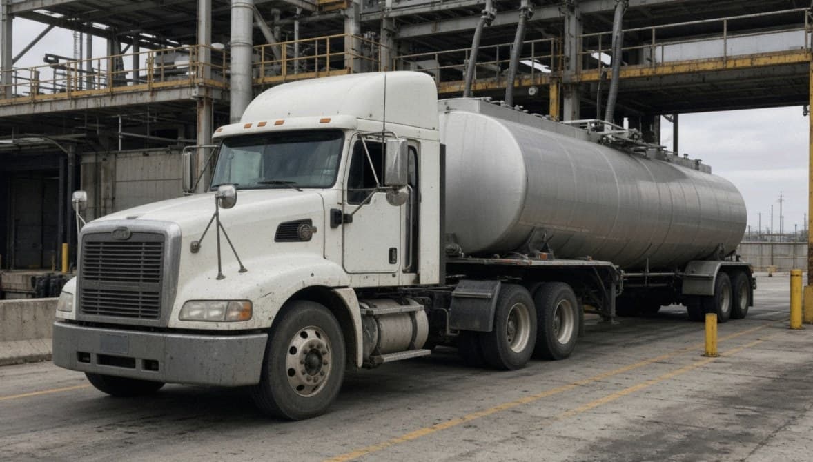 Tanker trailer and Class 8 tractor parked at a fuel terminal bay in daytime yard light