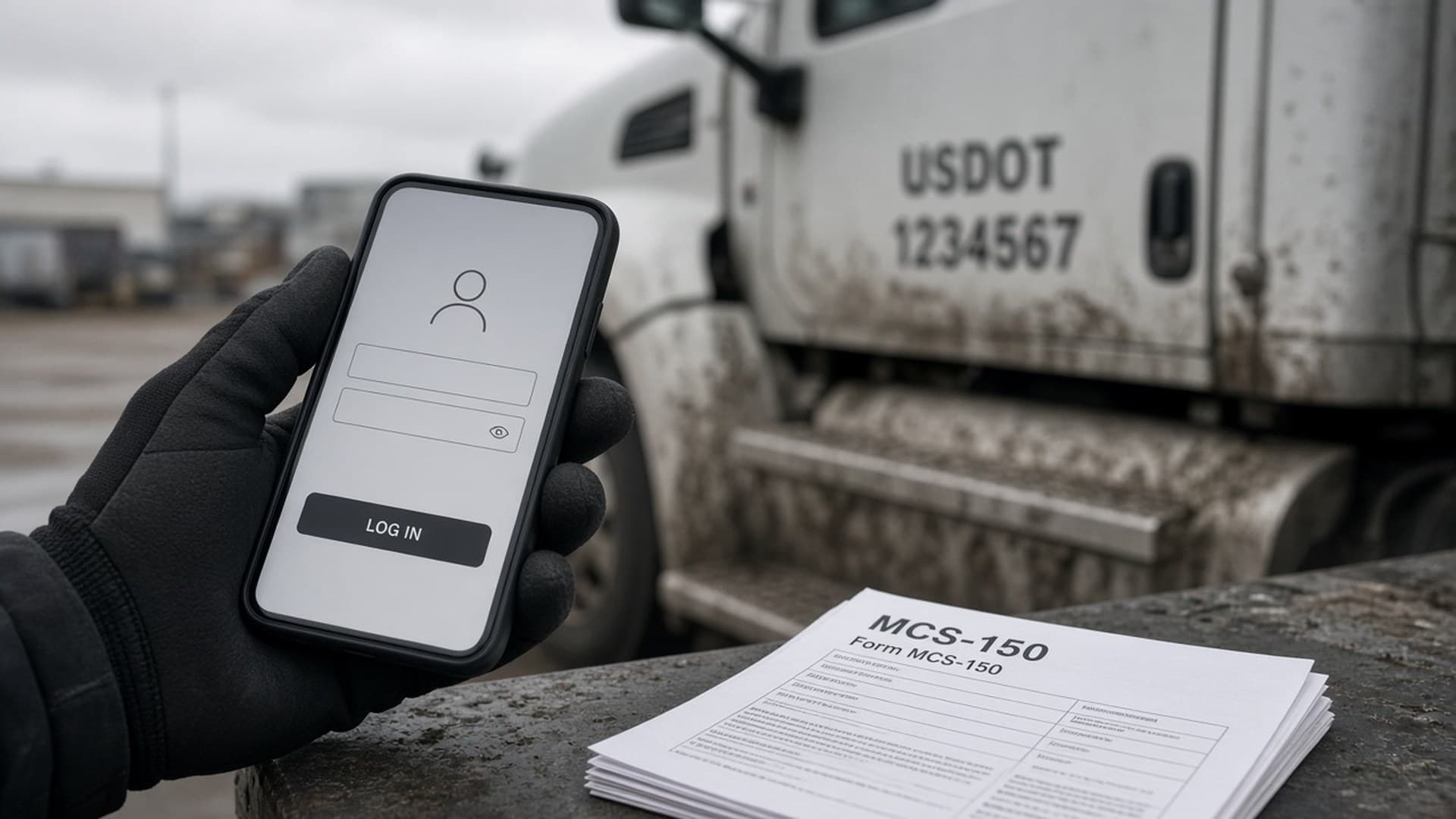 Hand holding a phone near a truck door with a USDOT number