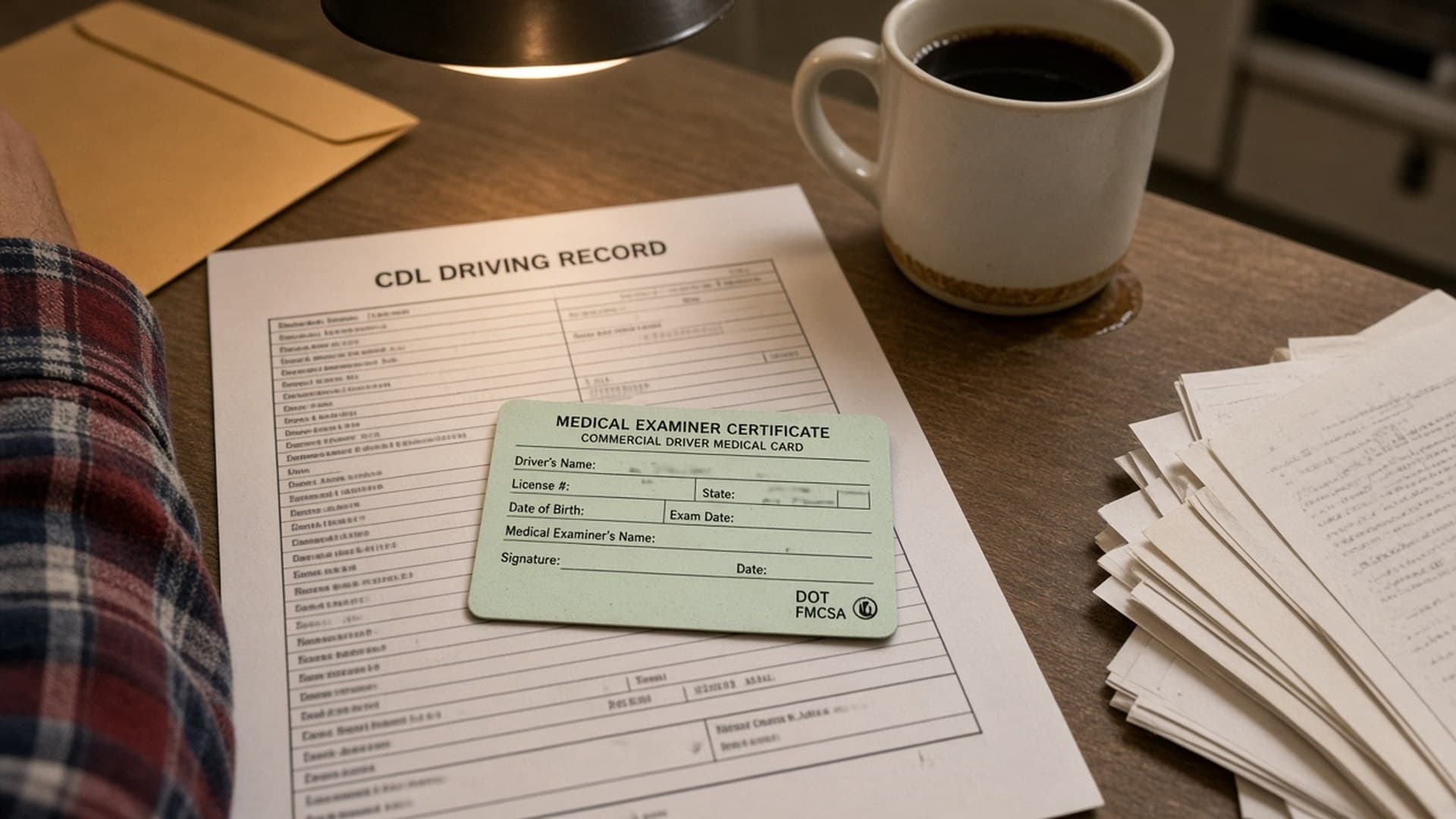 Truck cab seat with a paper Medical Examiner's Certificate on a printed driving record, IRP and IFTA papers in a separate envelope